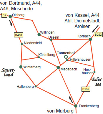 Anfahrtskarte - Winterberg, Sauerland, Edersee, Willingen, Medebach, Korbach, Frankenberg